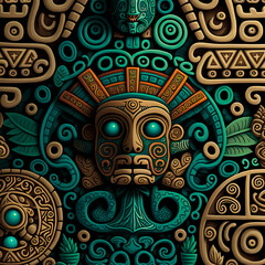 Stone maya texture. Ancien mayan background with face in the middle. Ceramic tiles in the form of traditional Maya design. Generative AI maya ancient background. - obrazy, fototapety, plakaty