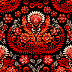 East europe traditional pattern background. Slavic red and black background. Ukrainian floral national pattern. Generative AI slavic abstract seamless bacgkround. - obrazy, fototapety, plakaty