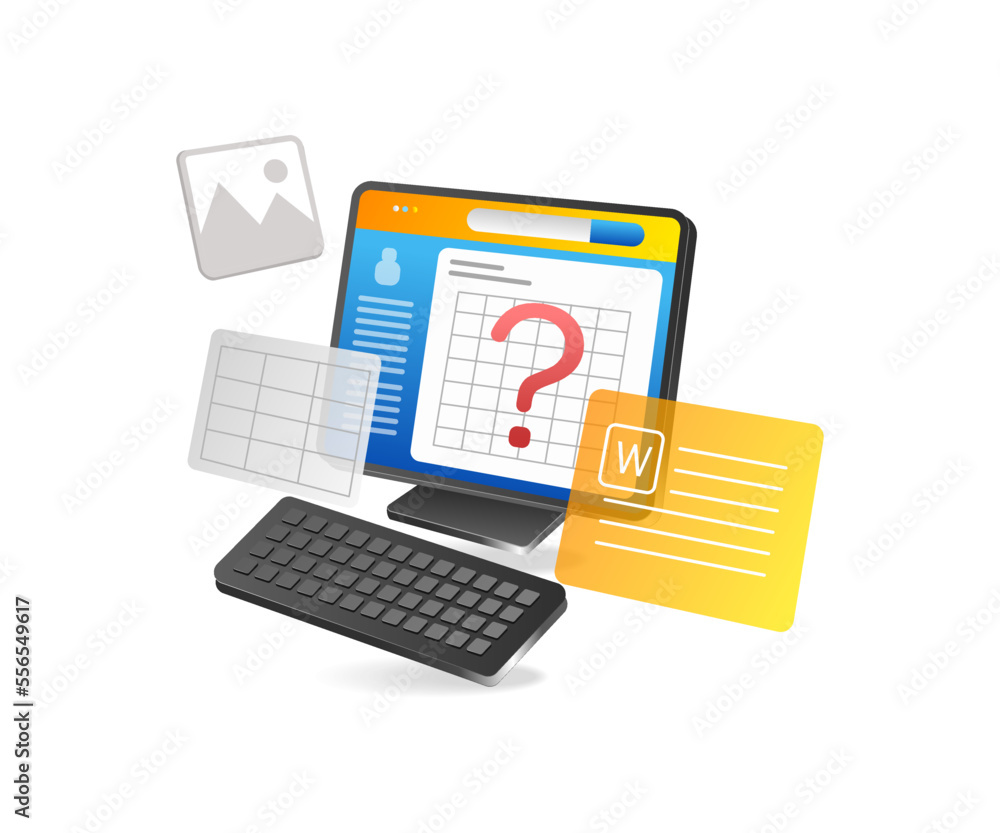 Poster Flat isometric 3d illustration of question mark concept on computer monitor