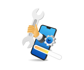 Flat isometric 3d illustration of smartphone app upgrade process