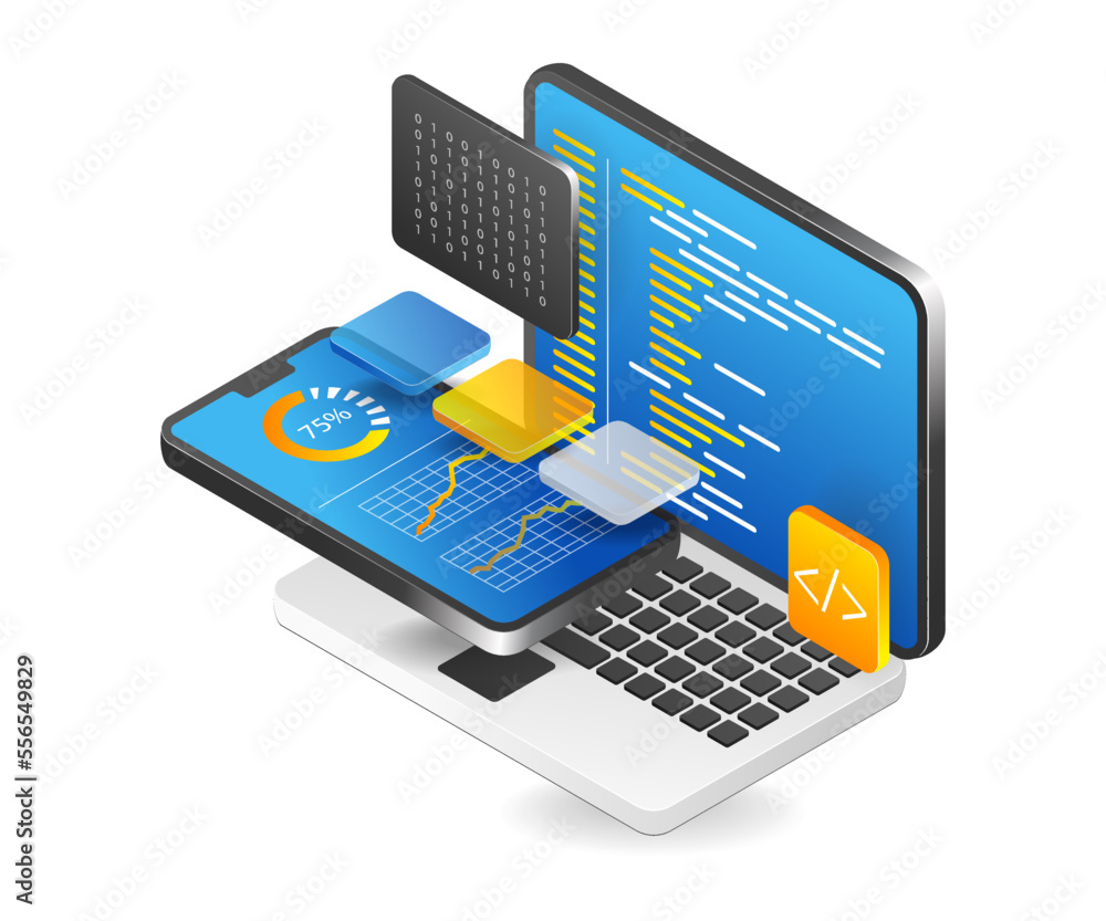 Aufkleber Flat isometric 3d illustration smartphone analyst programmer technology application concept