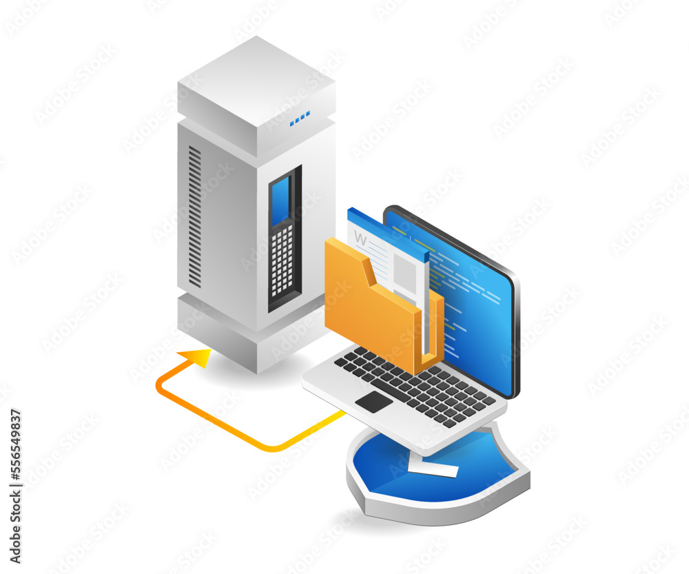 Poster Flat isometric 3d illustration server computer data security concept