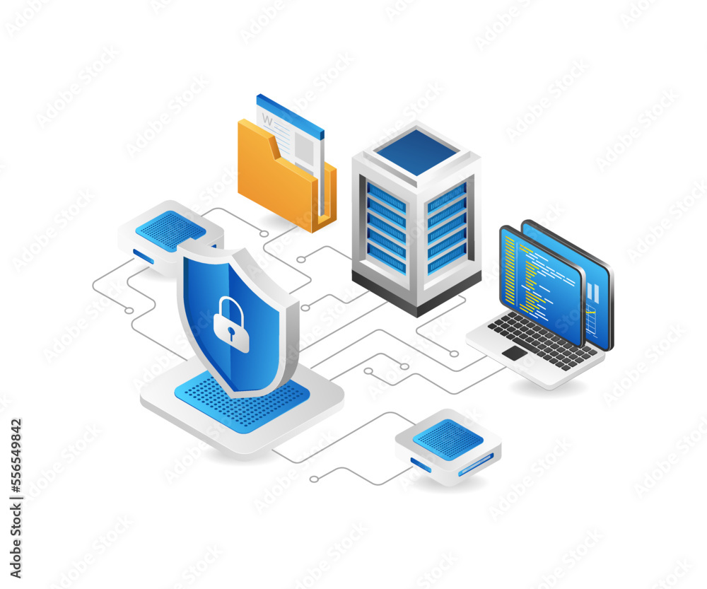 Poster Flat isometric 3d illustration server computer cloud security network concept