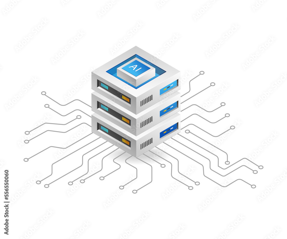 Poster Flat isometric 3d illustration octopus network artificial intelligence cloud server data concept