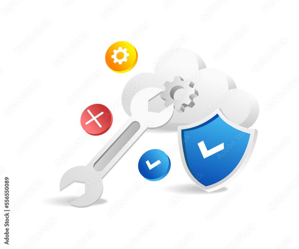 Poster flat isometric 3d illustration maintaining cloud server security