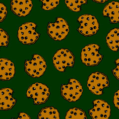 Chocolate chip cookies pattern design. Bake pattern design. Yummy baked food. cute cookie flat vector seamless pattern. Cartoon flat illustration ideal for cards posters,textile. Food illustration