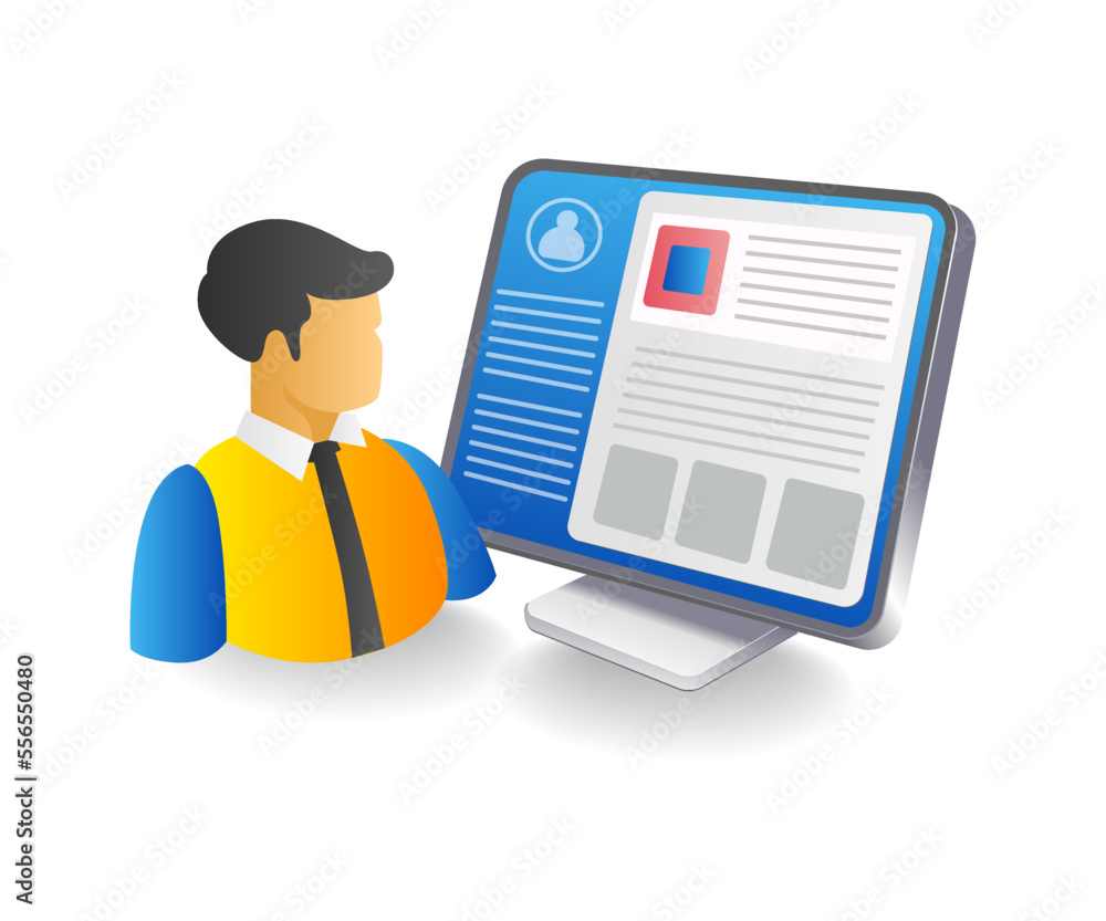 Poster flat isometric 3d illustration concept of reading information on internet