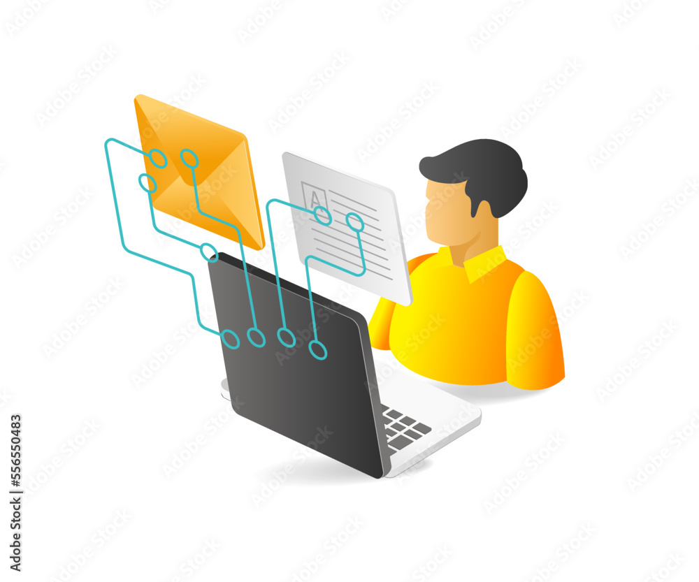 Poster Flat isometric 3d illustration concept of processing data network with computer
