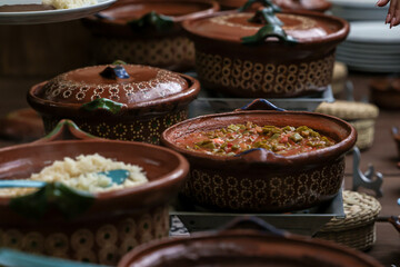 typical clay pot for buffet of traditional mexican food in Mexico
