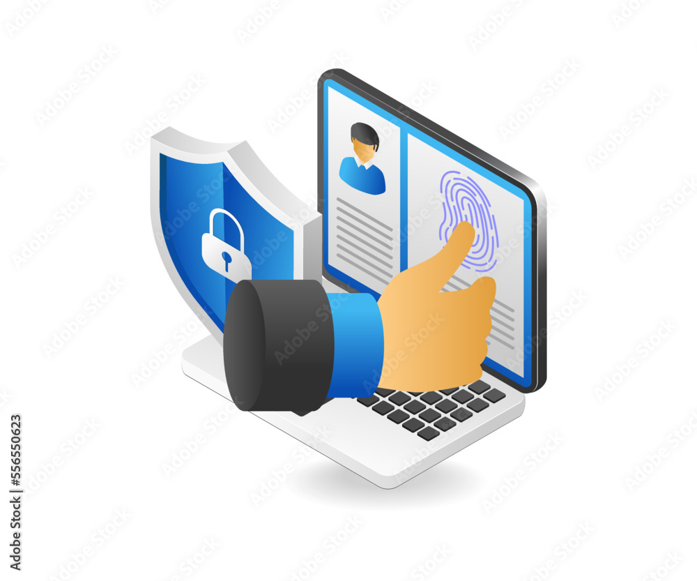 Poster Flat isometric 3d illustration concept of entering fingerprint security on computer