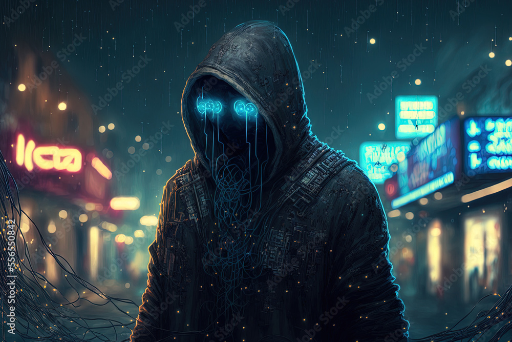 Poster hacker in cyberpunk garb skulk under some blue christmas lights. artwork created by a neural network