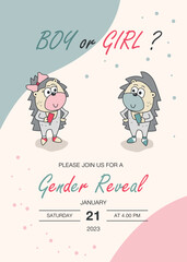 Gender reveal party invitation. Girl or boy? Printable baby shower card for kids party.