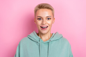 Portrait photo of young blonde hair lady open mouth reaction cheap clothes for sale unexpected...