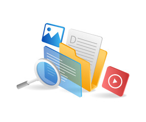 Flat isometric 3d illustration concept of searching stored data in folder with magnifying glass