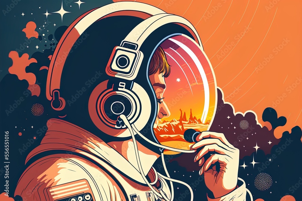 Poster Listening to tunes on headphones while in space by an astronaut cartoonish representation of a icon. Isolated high end illustration of a science tech concept Generative AI