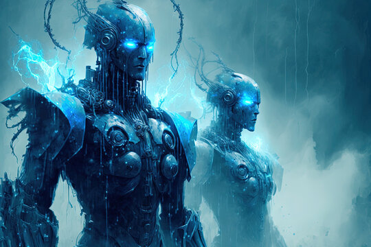 cyborgs in blue mist. Generative AI