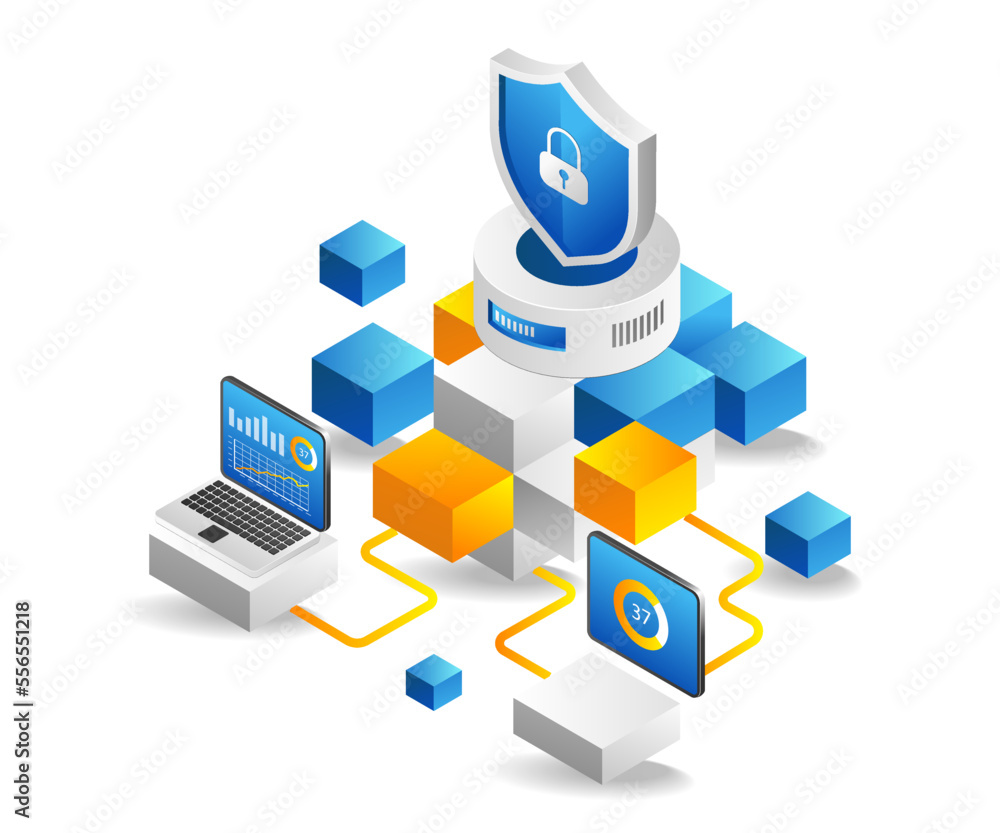 Aufkleber Flat isometric 3d illustration blockchain analysis program security concept