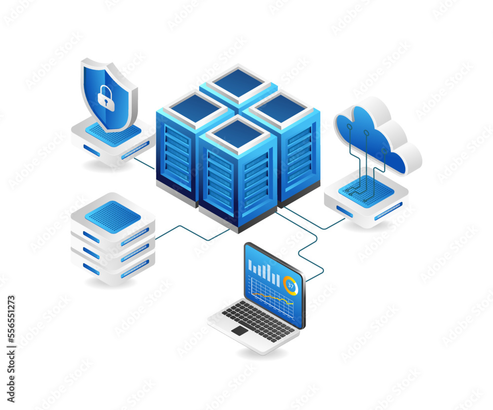 Aufkleber flat isometric 3d illustration cloud server network security analysis concept