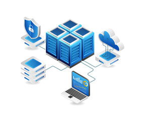 Flat isometric 3d illustration cloud server network security analysis concept