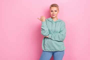 Photo of confident business manager hr recruiter girl wear stylish outfit point thumb mockup new...
