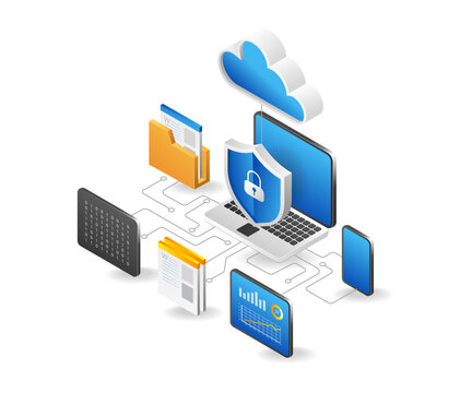 Flat isometric 3d illustration computer cloud server security program network concept