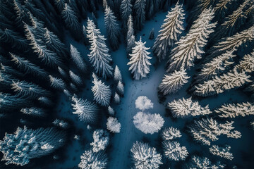 Aerial view of forest in snowy winter day. Generative AI.