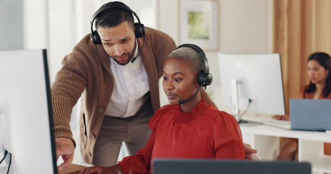Call center, customer service and man training black woman in office. Coaching, learning and teamwork of telemarketing consultants, sales agents and male helping female intern with computer software.