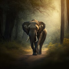 An elephant walks along a forest path. Generative AI.