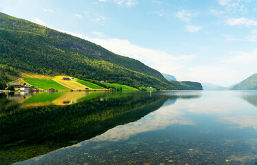 Norway, mountain fjord sea view, rural green landscape