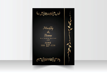 Black background wedding card with golden floral design