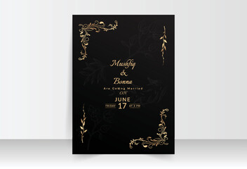 Golden wedding card with floral design and black background