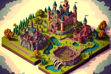 Isometric colorful map of enchanted kingdom with castles. Generative AI - obrazy, fototapety, plakaty