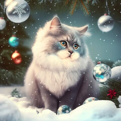 Christmas greeting card with a fluffy cute kitty sitting near a snowed covered pine branch with Christmas balls in forest, created with Generative AI technology
