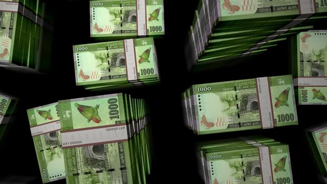 Sri Lanka money Sri Lankan Rupee money pack loop. Flight over LKR banknotes stacks top view. 3d loopable seamless animation. Abstract background concept of economy, crisis, business and finance.