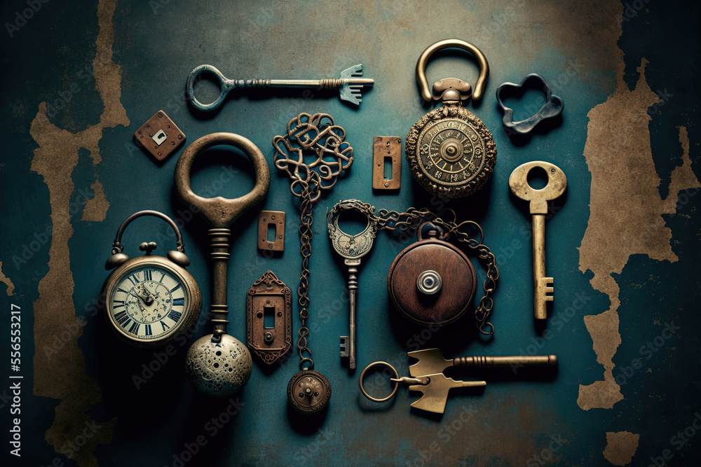 Poster old keys and locks in an above, flat composition illustrating security. generative ai