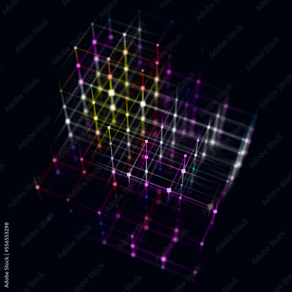 Poster abstract colorful lines connection in the shape of cube. mesh square with structured particles. digi