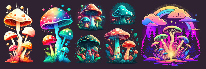 Funny psychedelic mushrooms colorful 70s retro style. Vector illustration