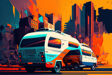 On a city street, a modern camper van is parked. Camper van and RV parked in the city. Generative AI