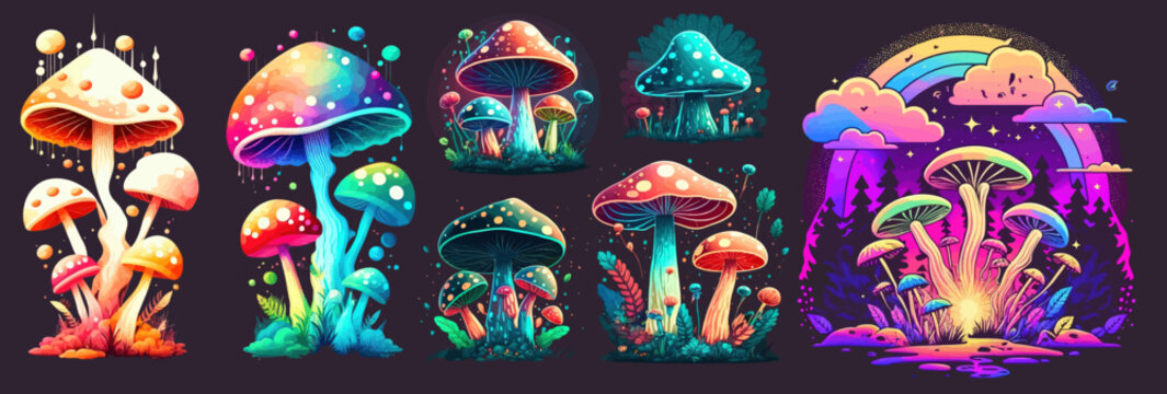 Naklejka Funny psychedelic mushrooms colorful 70s retro style. Vector illustration