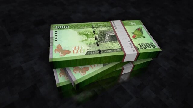 Sri Lanka money Sri Lankan Rupee money pile pack. Concept background of economy, banking, business, crisis, recession, debt and finance. 1000 LKR banknotes stacks 3d animation.