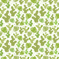 Cactus and Monstera leaves all green seamless pattern. green desert theme cactus green seamless surface pattern. Suitable for textile, fabric, decorations, tiles, wrapping and packaging.