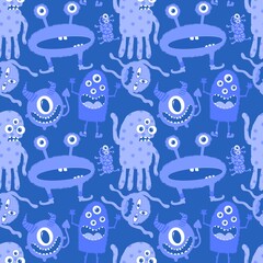 Cartoon doodle monsters seamless aliens and animals pattern for wrapping paper and fabrics and kids clothes