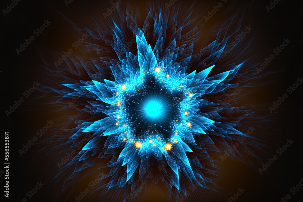 Poster a blue abstract backdrop. explosion star with shine and lines in a fractal form. generative ai