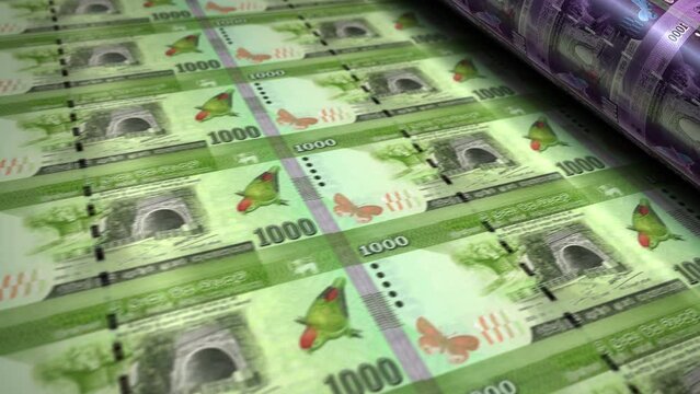 Sri Lanka money Sri Lankan Rupee money banknotes printing roll machine loop. Paper LKR bank note print 3d looping seamless. Abstract concept of banking, debt, finance, economy and crisis.