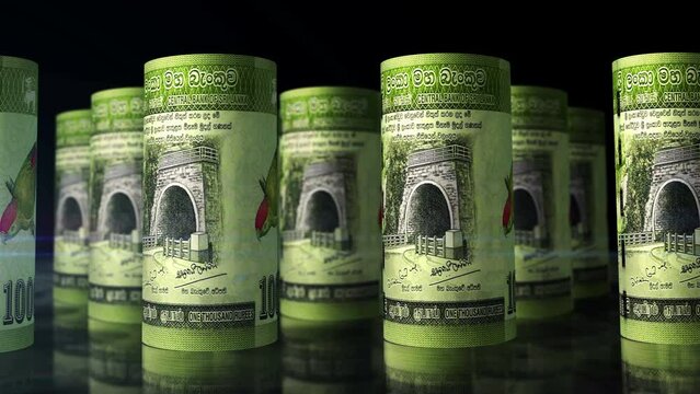 Sri Lanka money Sri Lankan Rupee money rolls loop 3d animation. Camera moving in front of the LKR rolling banknotes. Seamless loopable concept of economy, finance, business and debt.