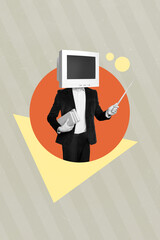 Collage artwork graphics picture of pupil vintage screen instead of head holding pointer book isolated painting background