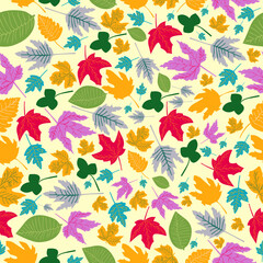 colorful autumn falling leaves seamless vector repeat pattern. Colorful autumn leaves seamless surface pattern design.