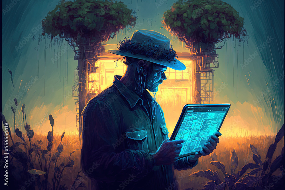 Poster using a mobile app on his tablet, the internet of things, and the notion of smart farming, a farmer 