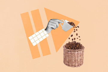 Creative photo 3d collage artwork poster picture of human arm hold coffee beans preparing tasty...