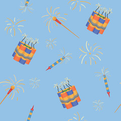 Sparkling firework petards on blue background. Pattern for design